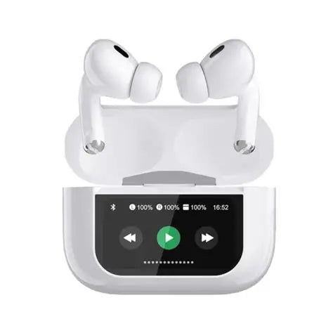 A9 Pro Touch Screen AirPods Pro are ANC wireless earbuds featuring an LCD display, Bluetooth 5.0, pop-up functionality, and super bass.