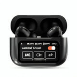 A9 Pro Touch Screen AirPods Pro are ANC wireless earbuds featuring an LCD display, Bluetooth 5.0, pop-up functionality, and super bass.